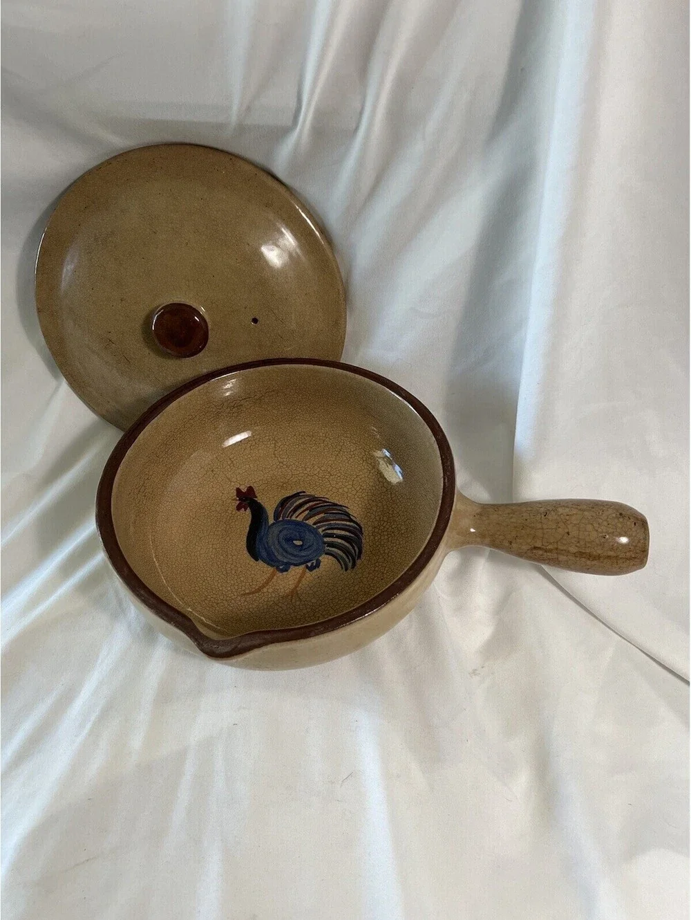 Antique Pottery Lidded  Sauce Pot with Rooster Hand Painted